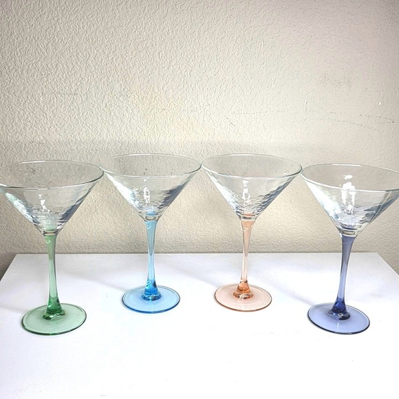 Other - Set of 4 Pastel Stemmed Martini Glasses Lilac Pink Blue Green Art Glass